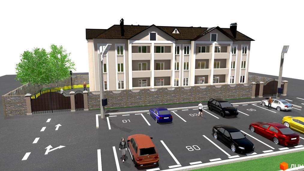 Житловий комплекс Династія: триповерхова будівля з коричневим дахом та світлими фасадами, огороджена територія з паркінгом та зеленими насадженнями.