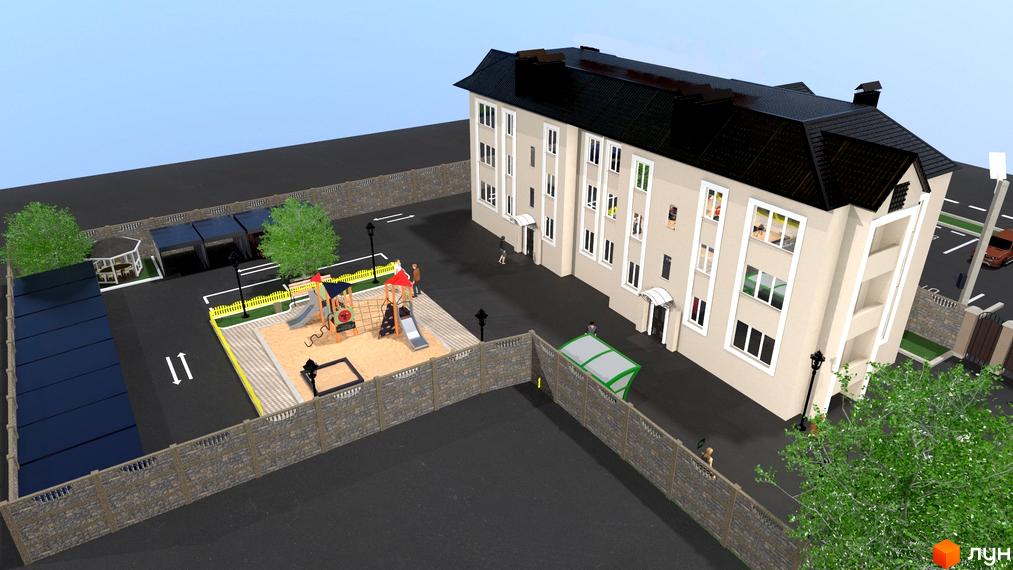 Зовнішній вигляд триповерхового будинку ЖК Династія з фасадом світло-бежевого кольору та чорним дахом. На прибудинковій території розташовані дитячий майданчик, зона відпочинку та парковка.