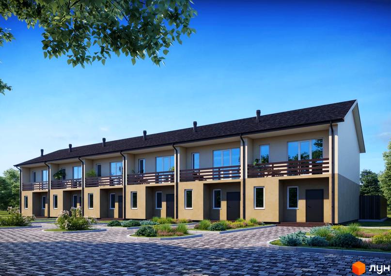 Таунхаус Європейський: ряд двоповерхових таунхаусів бежевого кольору з темними дахами та балконами. Прибудинкова територія з бруківкою та озелененням.
