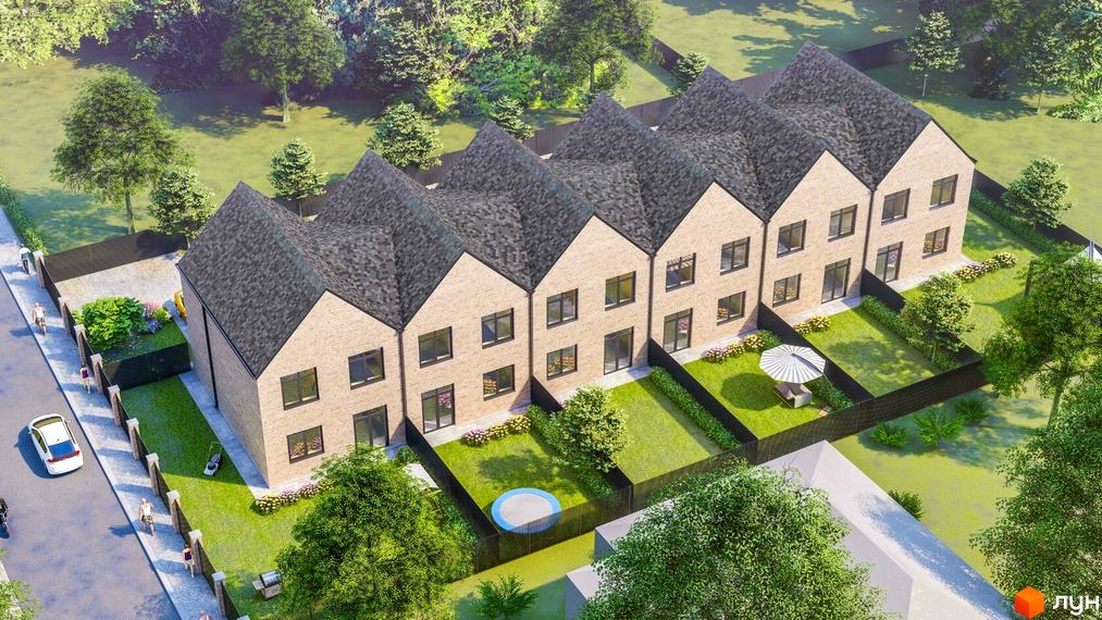 Зовнішній вигляд таунхаусів на вулиці Весняна з доглянутими газонами та парканом. На території є батут та парасолька від сонця.