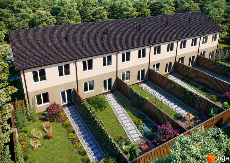 Комплекс таунхаусів „Європейський“: двоповерхові будинки бежевого та коричневого кольорів з темним дахом. Приватні дворики облаштовані газоном, доріжками та зеленню.