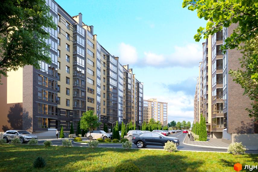 Житловий комплекс Лісовий New - сучасна новобудова з цегляним фасадом та великими вікнами. Прибудинкова територія з парковкою та зеленими насадженнями.