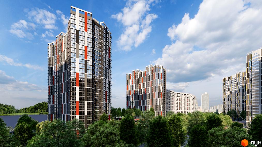 Високі житлові будинки з фасадами сірого, білого та помаранчевого кольорів. Навколо багато зелених дерев та водойма, вул. Євгена Маланюка, 101.