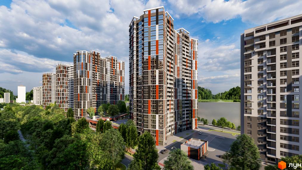 Багатоповерхові житлові будинки з сірими та помаранчевими фасадами, оточені зеленими деревами, поруч водойма та дорога за адресою вул. Євгена Маланюка (Сагайдака), 101.