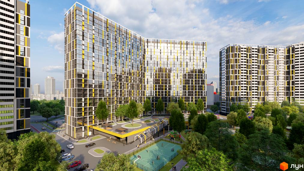 Житловий комплекс на вул. Євгена Маланюка, 101: багатоповерхові будинки з жовто-білими фасадами та прибудинковою територією з деревами та спортмайданчиком.