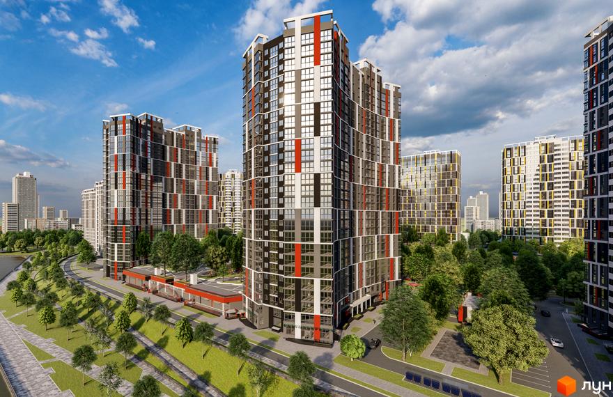 Багатоповерхові будинки з сірими, чорними та червоними фасадами, оточені зеленими насадженнями та доріжками біля річки на вул. Євгена Маланюка, 101.