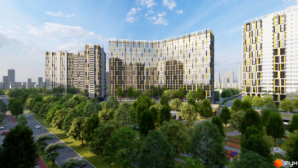 Житловий комплекс на вул. Євгена Маланюка (Сагайдака), 101: висотні будинки з жовто-сірими фасадами та великими вікнами, оточені зеленню.