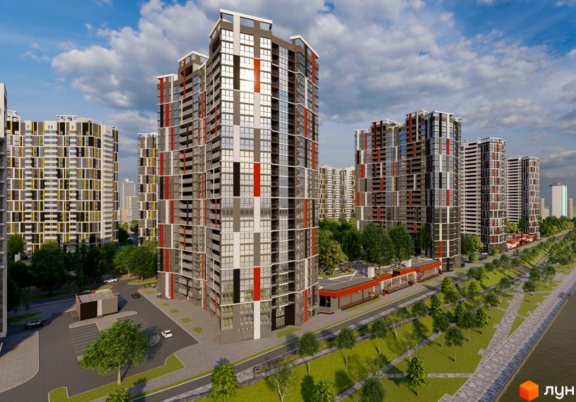 Житловий комплекс на вул. Євгена Маланюка, 101: високі будинки з сірими та кольоровими фасадами, розташовані біля набережної з зеленими зонами.