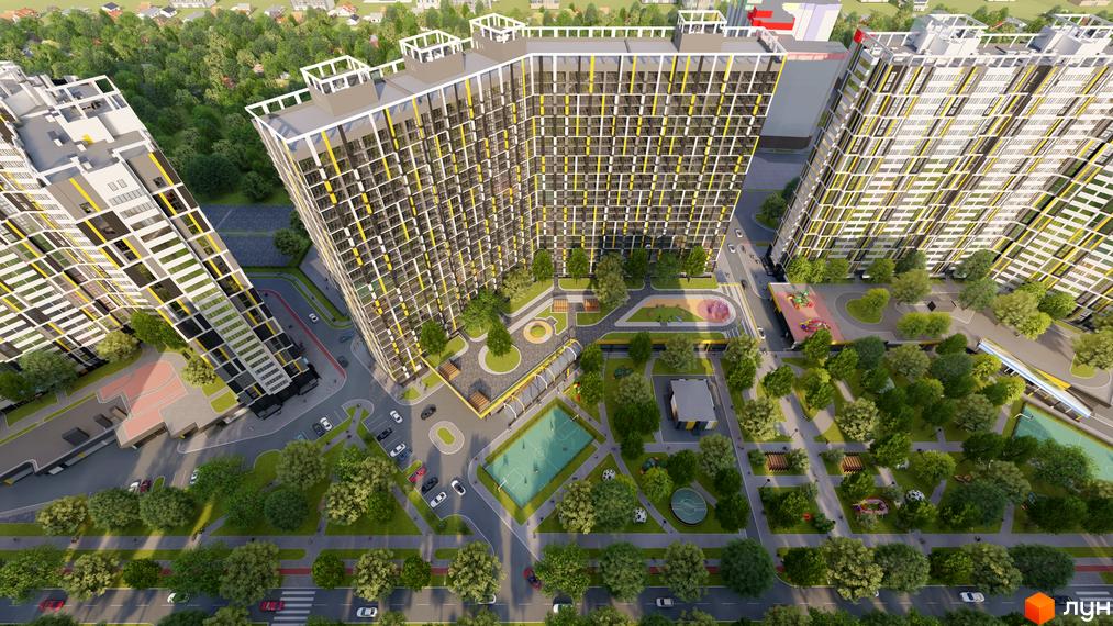 Багатоповерхові житлові будинки з жовто-сірим фасадом. Прибудинкова територія з зеленими насадженнями, дитячими та спортивними майданчиками, парковками.