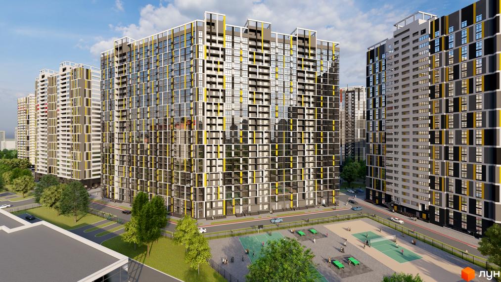 Багатоповерхові житлові будинки з сірими фасадами та жовтими елементами на вул. Євгена Маланюка (Сагайдака), 101. Прибудинкова територія має зелені зони та спортивні майданчики.