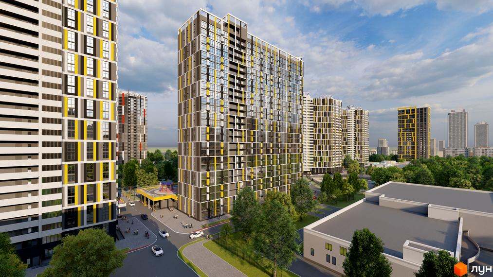 Житловий комплекс на вул. Євгена Маланюка (Сагайдака), 101: висотні будинки з жовто-сірим фасадом, оточені зеленню.