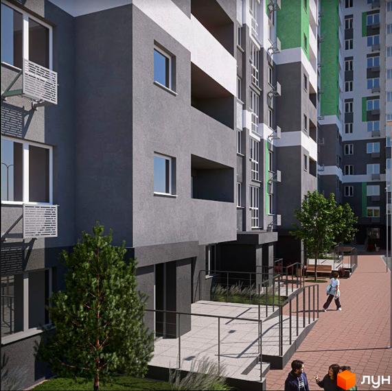 Зовнішній вигляд будинку ЖК Голосіївська Долина з сірими фасадами та зеленими елементами. Прибудинкова територія з доріжками та деревами.