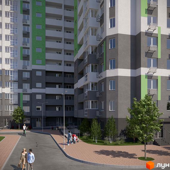Житловий комплекс Голосіївська Долина з сірими та зеленими фасадами, балконами та прибудинковою територією з деревами та доріжками.