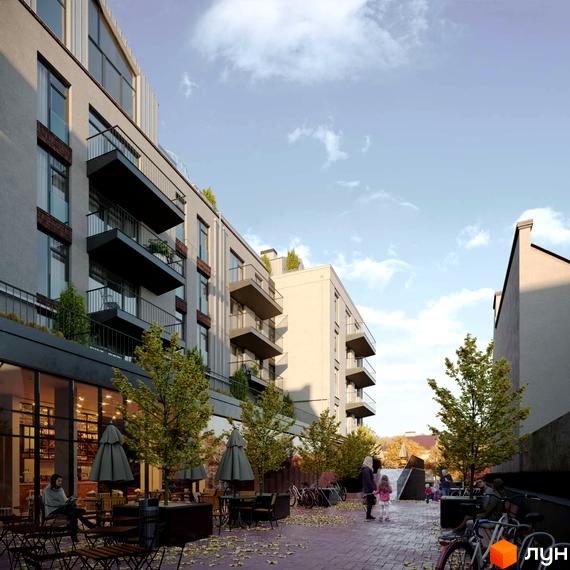 Зображення житлового комплексу Княжий Холл з балконами та терасою. На передньому плані дерева, столики кафе та пішохідна зона.