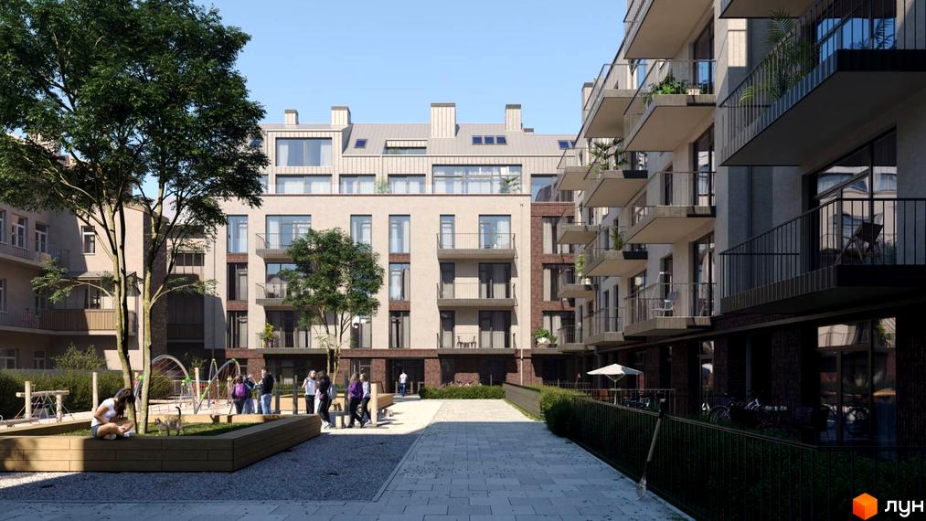 Житловий комплекс Княжий Холл: багатоповерхові будинки зі світлими фасадами та балконами. Прибудинкова територія облаштована дитячим майданчиком та зеленими зонами.