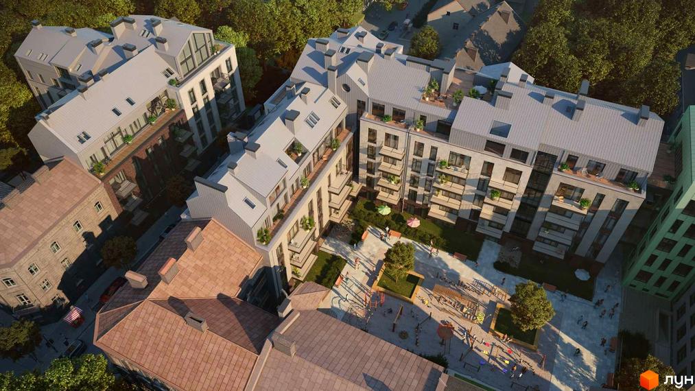 Аерофото Житлового комплексу Княжий Холл: будинки зі світлими фасадами, сірими дахами та балконами. У дворі зелені зони та дитячий майданчик.