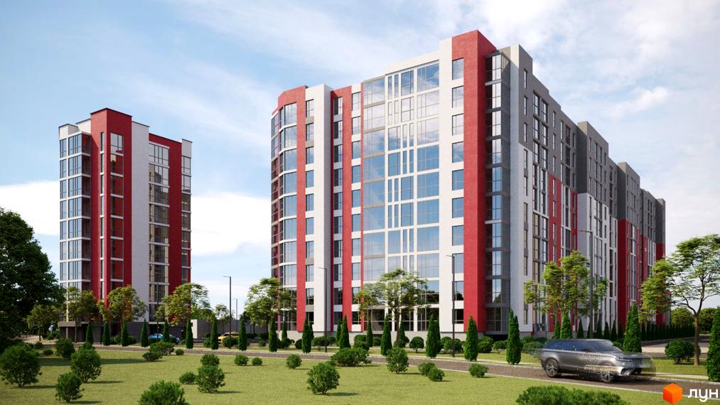 Житловий комплекс GRAND Липини з червоно-білою та сірою фасадною обробкою, панорамними вікнами та зеленою прибудинковою територією з деревами та кущами.