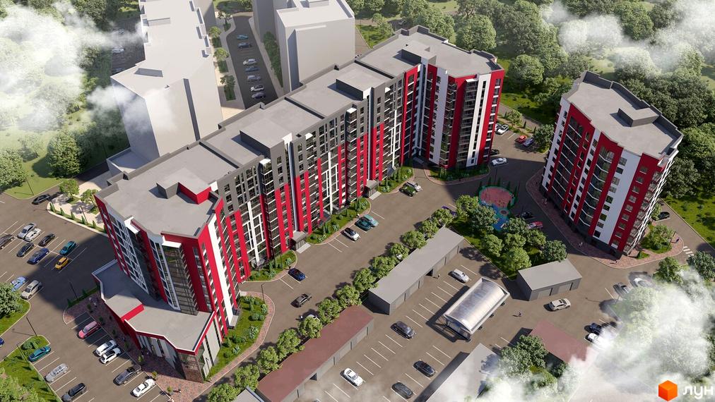 Житловий комплекс GRAND Липини - це багатоповерхові будинки з червоно-сірими фасадами, розташовані на доглянутій прибудинковій території з парковкою та зеленими насадженнями.