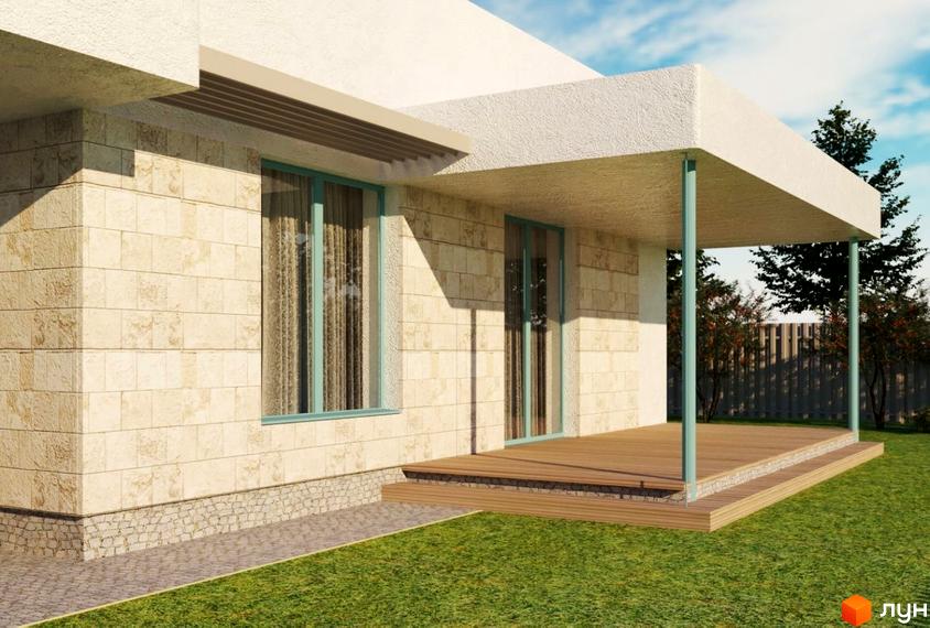 Котеджне містечко Чапаєвка: будинок з кам'яним фасадом та дерев'яною терасою, оточений зеленою галявиною.