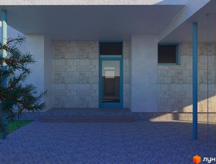 Котеджне містечко Чапаєвка: вхідна група з білою цегляною стіною та блакитними вікнами. Територія перед будинком вимощена бруківкою.