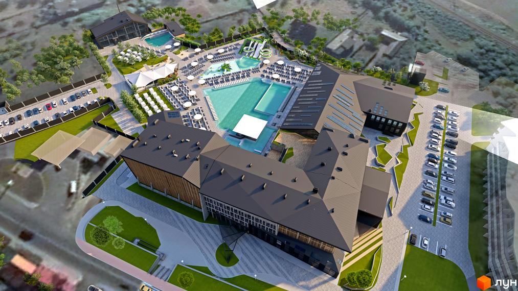 Апарт-готель Rikka KHUST thermal resort з багатосекційними будівлями та великою територією басейнів, водних гірок і паркінгів.