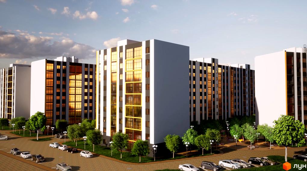 Зображення фасаду та прибудинкової території Житлового комплексу Масив Барський. На передньому плані парковка для автомобілів.