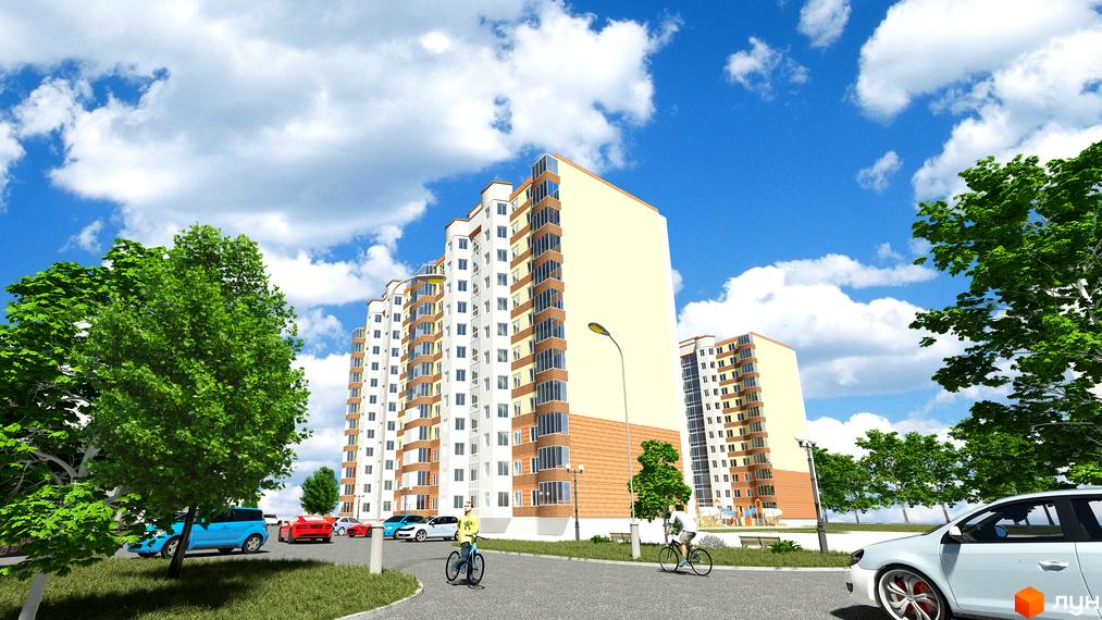 Житловий комплекс Полісся: багатоповерхові будинки світлих відтінків з великими вікнами. Прибудинкова територія з деревами, дорогою, припаркованими авто та велосипедистами.