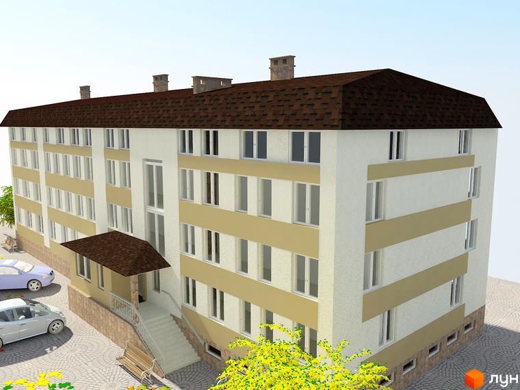 Зображення фасаду Житлового комплексу Софіївський дом. Багатоповерховий будинок з коричневим дахом та прибудинковою територією.