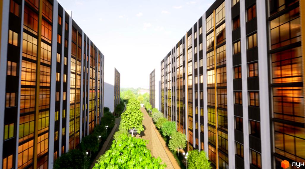 Зображення фасаду та прибудинкової території Житлового району Масив Барський. Вигляд на алею між будинками.