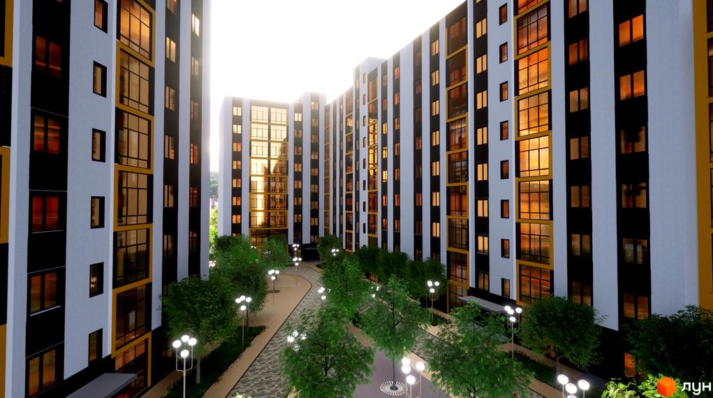 Високі будинки ЖК Масив Барський з великими вікнами та чорно-білими фасадами. Внутрішній двір з зеленими деревами та ліхтарями.