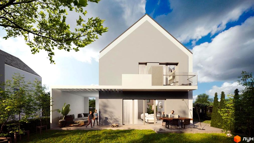 Котеджне містечко КМ Голландський квартал: двоповерховий будинок з балконом та терасою, зелений двір з відпочинковою зоною.