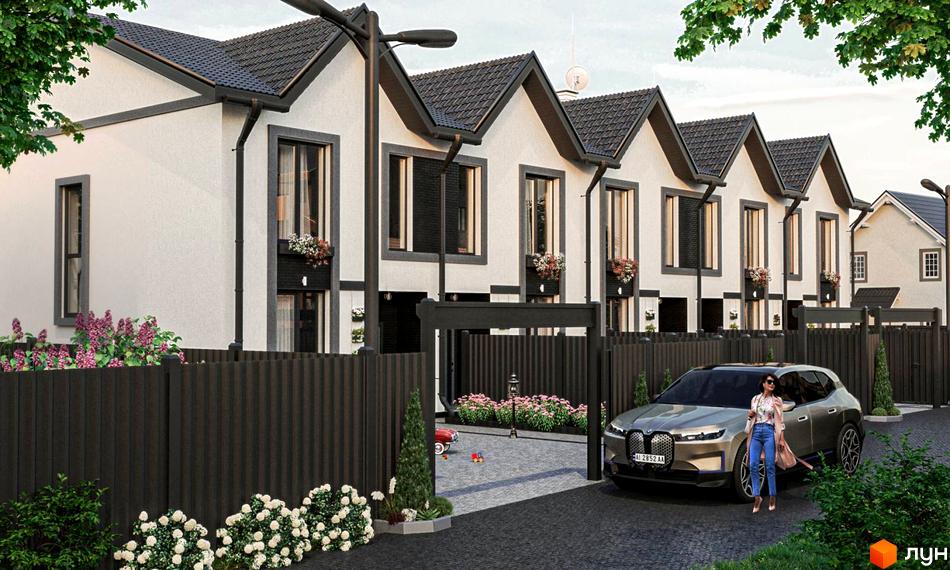 Таунхаус LA-42: фасади світлих кольорів з темними дахами та вікнами, перед будинками паркан та доглянута прибудинкова територія з автомобілем.