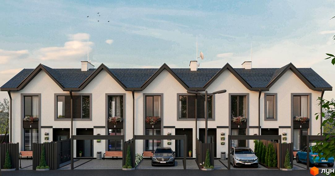 Таунхаус LA-42 з білим фасадом, темним дахом та прибудинковою територією з паркуванням для двох автомобілів. Зовнішній вигляд будинку та паркування.