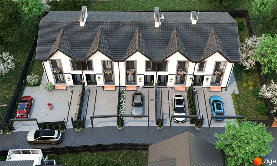 Таунхаус LA-42: фасади білих будинків з темним дахом та прибудинкова територія з парковкою та зеленими насадженнями. Сучасний житловий комплекс для комфортного життя.