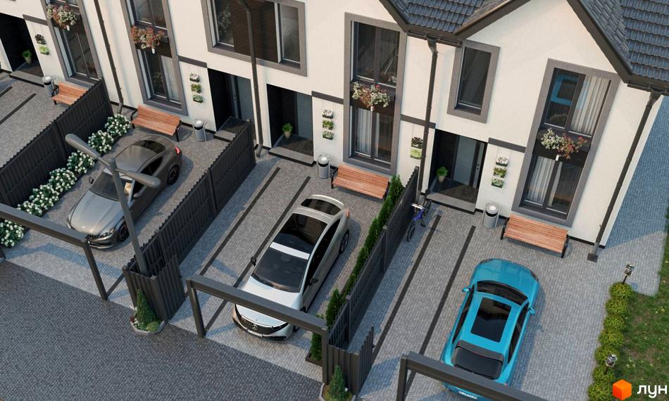 Таунхаус LA-42 з автомобілями на парковці та зеленими насадженнями. Зовнішній вигляд будинку з вікнами та квітами.