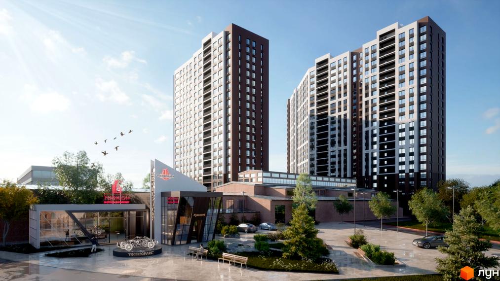 Житловий комплекс Технопарк: два багатоповерхові будинки з балконами. Прибудинкова територія має зелені зони, лавки та будівлю з виставковим автомобілем.