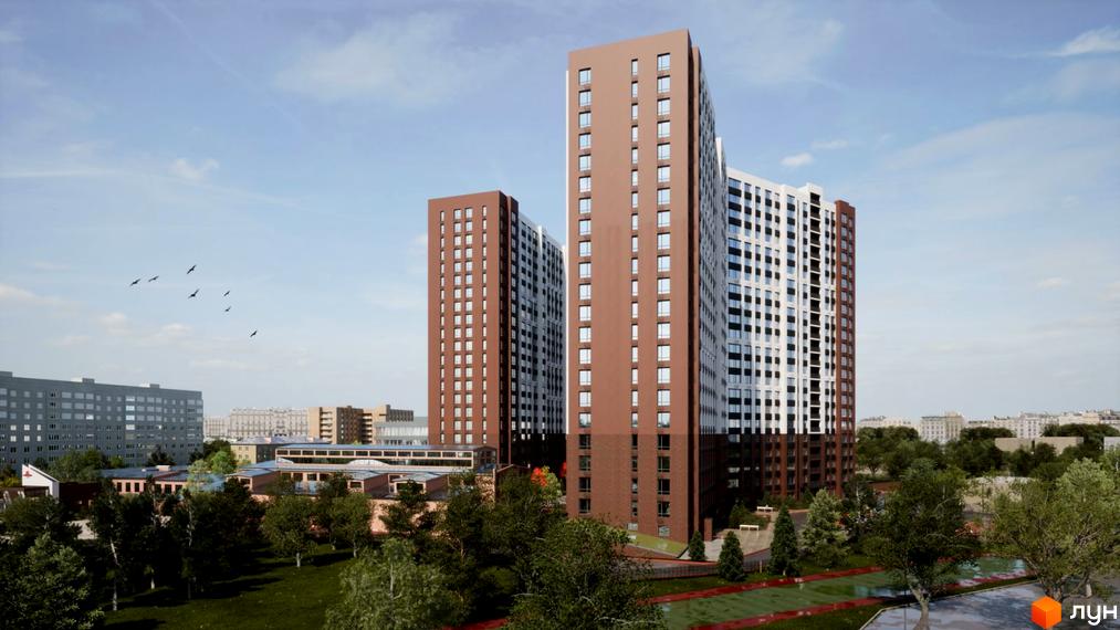 Житловий комплекс Технопарк - це сучасна новобудова з високими будинками коричневого та білого кольору, що розташована на фоні блакитного неба. Територія комплексу озеленена деревами та має доглянутий вигляд.