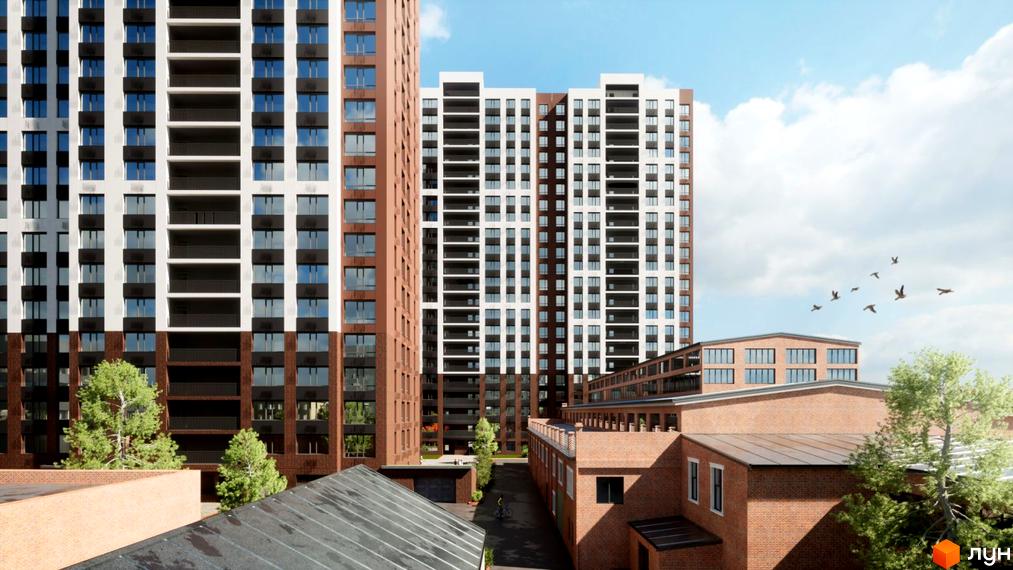 Житловий комплекс Технопарк з висотними будинками біло-коричневих кольорів та численними вікнами. Навколо видно зелені дерева та доріжки.