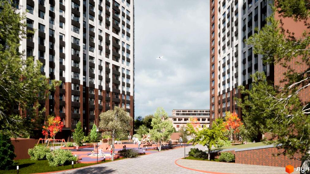 Новобудова ЖК Технопарк з виразним фасадом та упорядкованою прибудинковою територією з дитячими майданчиками та зеленими зонами.