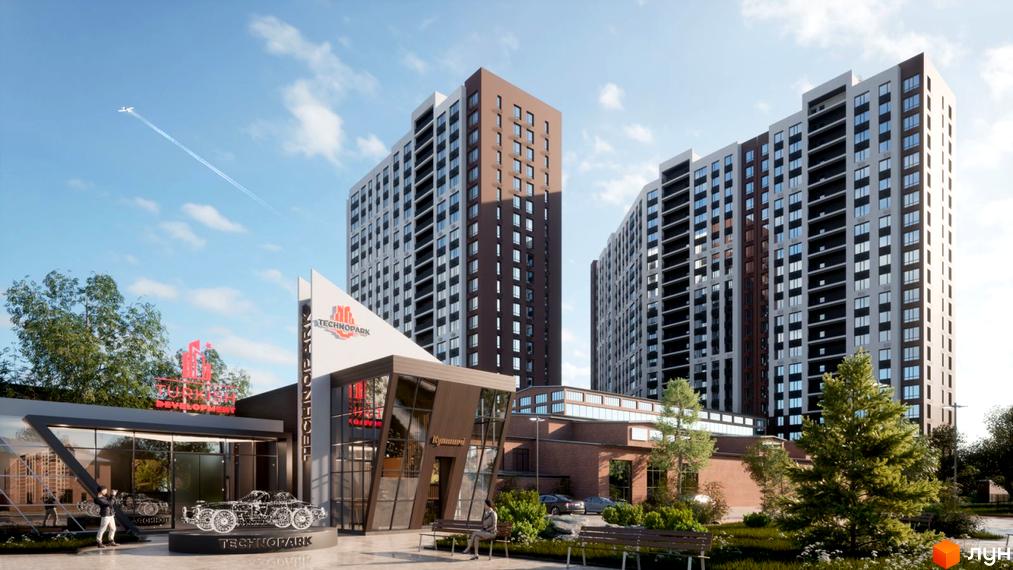 Житловий комплекс Технопарк складається з високих будівель зі світлими та коричневими фасадами. Навколо облаштована зелена територія з деревами та місцями для відпочинку.
