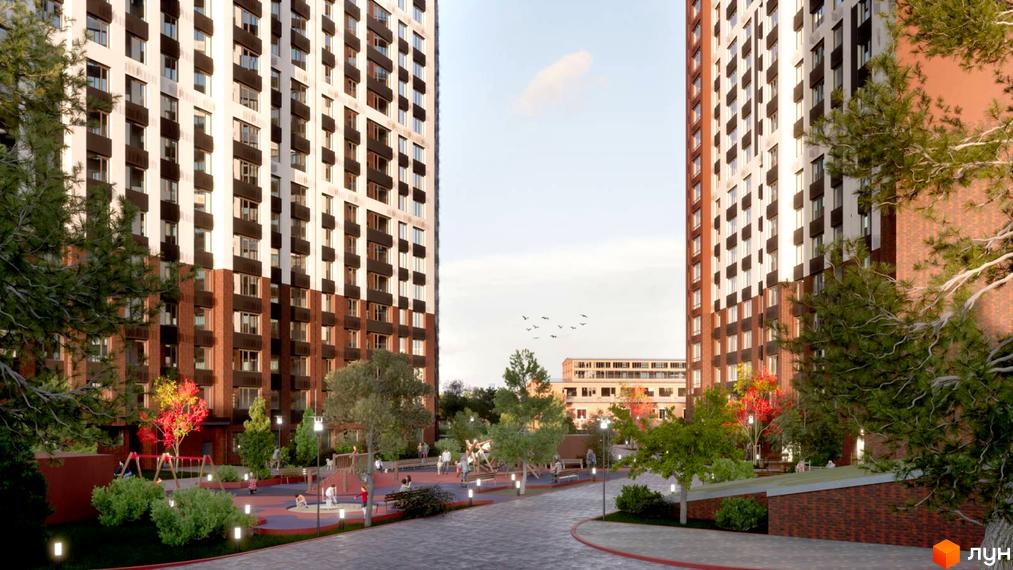 Житловий комплекс Технопарк - це сучасна новобудова з багатоповерховими будинками та облаштованим внутрішнім двором з дитячими майданчиками.