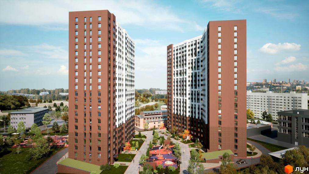 Житловий комплекс Технопарк: два висотних будинки з коричневим та білим фасадом, внутрішній двір з дитячим майданчиком та зеленими зонами.