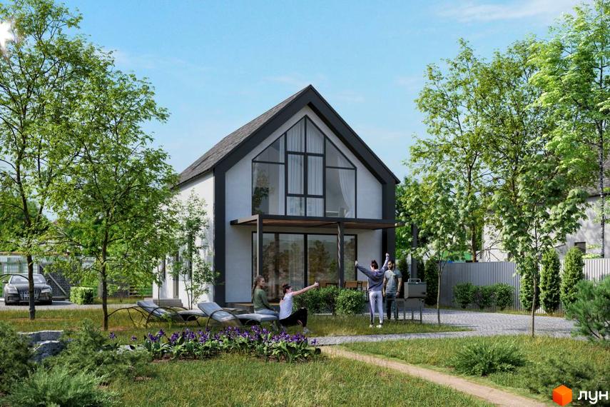 Котеджне містечко Fill House: двоповерховий будинок з великими вікнами та терасою, зелена прибудинкова територія з місцями для відпочинку.