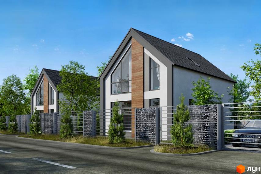 Котеджне містечко КМ Fill House з двома будинками з великими вікнами та дерев'яними елементами, огородженими парканом з габіонів. На прибудинковій території ростуть дерева та кущі.