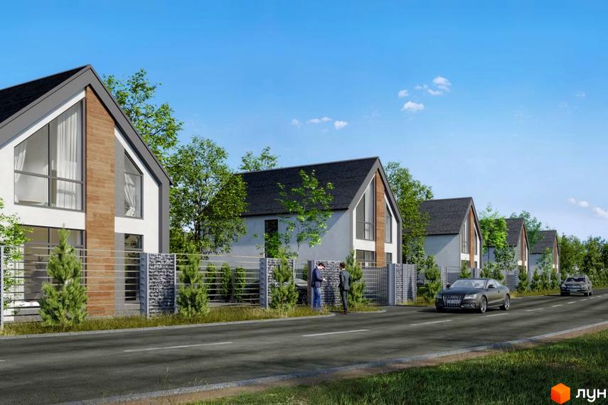 Котеджне містечко КМ Fill House: фасади будинків з великими вікнами та скатними дахами, огороджена територія з деревами та дорогою.