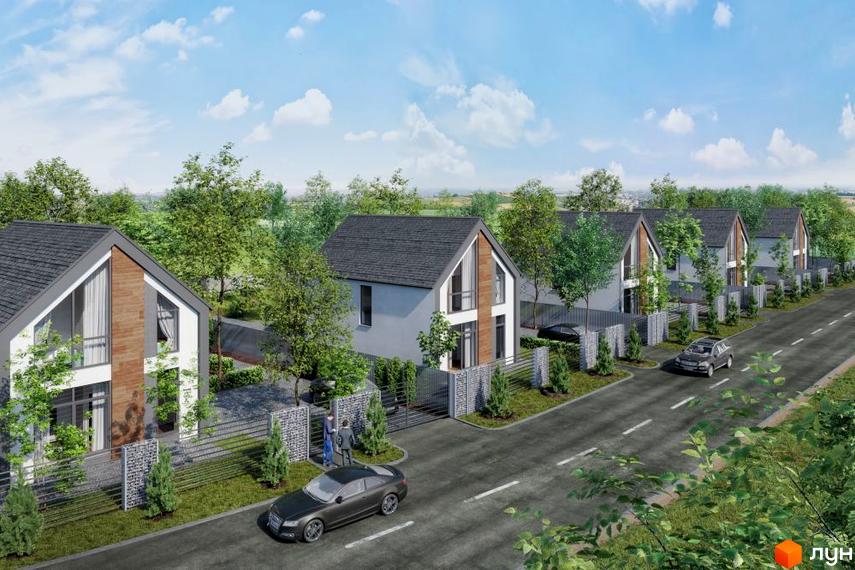 Котеджне містечко КМ Fill House: двоповерхові будинки з сірими дахами та дерев'яними елементами фасаду, розташовані вздовж асфальтованої дороги з зеленими насадженнями та парканами.