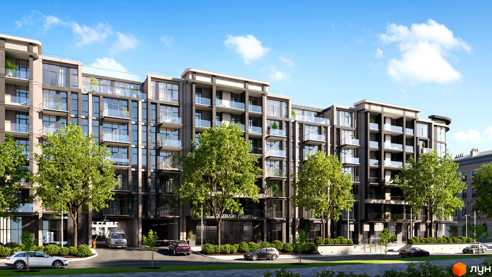 Клубний квартал Chateau Grand - це багатоповерховий будинок з балконами та великими вікнами, оточений деревами та з автомобілями на парковці.