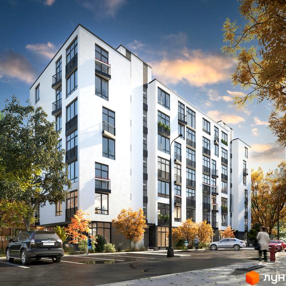 Житловий комплекс ЖК CITY - це сучасна новобудова з білим фасадом, великими вікнами та балконами, розташована серед осінніх дерев.