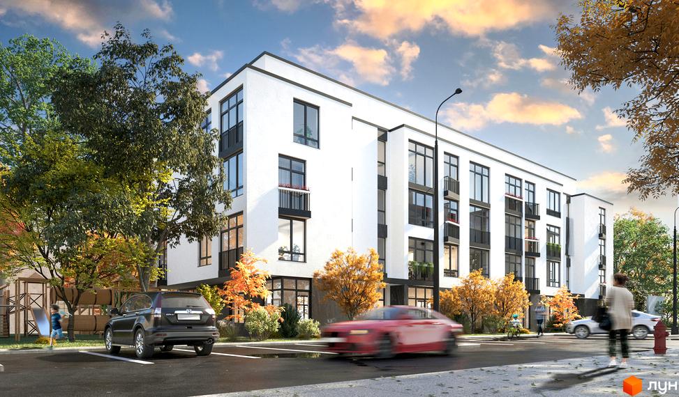 Новобудова ЖК CITY з білим фасадом та чорними вікнами, поруч зелені дерева та дитячий майданчик.