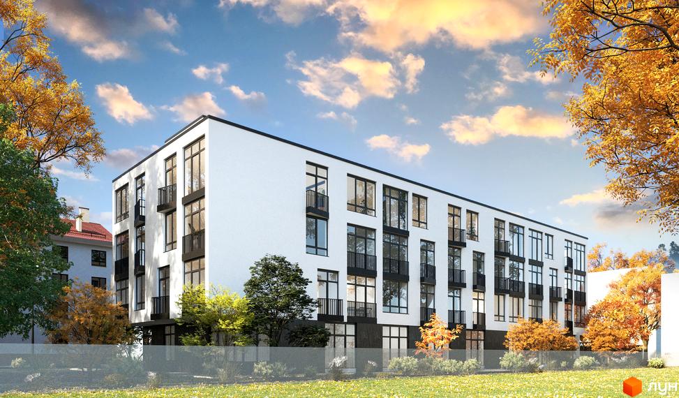 Фасад житлового комплексу ЖК CITY з великими вікнами та балконами, оточений осінніми деревами та зеленою галявиною.